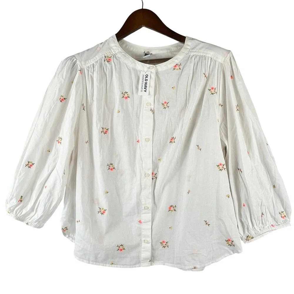 Old Navy Floral Embroidered Dobby Blouse NWT L White Cotton Puff Sleeve Top Boho